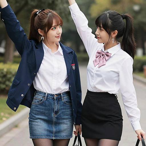 Photograph of two Asian women in white shirts and skirts, one in denim, one in black, raising arms, smiling, standing on a park path