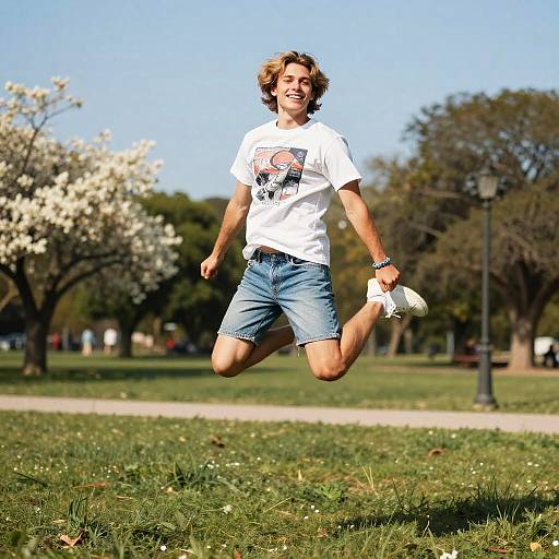 Photograph of a smiling, young man with curly blonde hair, wearing a white graphic tee and denim shorts, jumping joyfully in a sunny park with