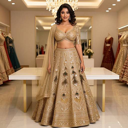 Photograph of a smiling South Asian woman in a gold, sequined, traditional lehenga-choli set with a sheer dupatta, standing in a