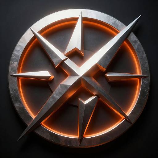 Photograph of a metallic, glowing, star-shaped emblem with sharp, intersecting rays, surrounded by an orange halo, set against a dark background.