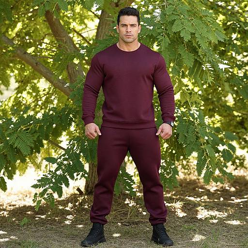 Photograph of a muscular man with short black hair, wearing a dark maroon long-sleeve shirt and pants, standing confidently in front of a
