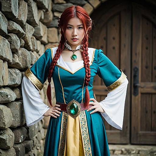 Young Asian Woman in Blue and Gold Medieval Cosplay Dress