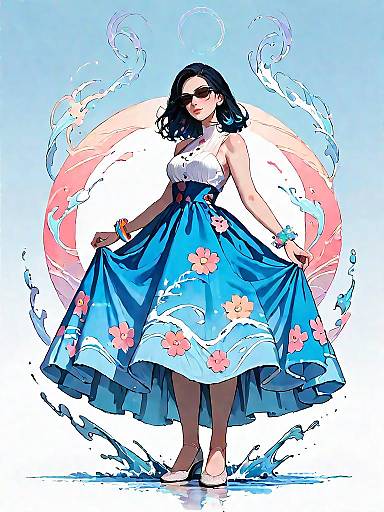 Woman in Blue Floral Dress with Sunglasses
