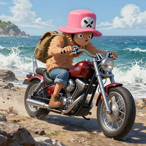 Digital artwork of a furry character in a pink hat with a black X, riding a red motorcycle on a rocky beach with waves crashing in the background.