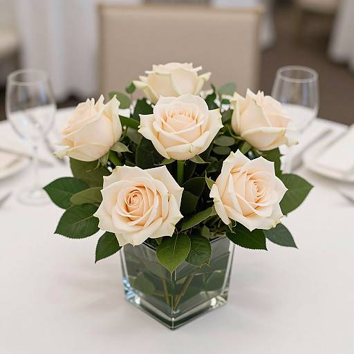 Photograph of a square glass vase with six pale cream roses and green leaves, centered on a white tablecloth with two clear wine glasses in the blurred
