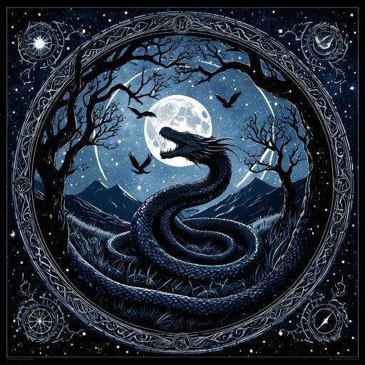 Nordic World Serpent Jörmungandr Under Full Moon