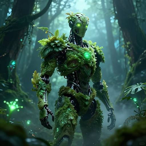 Digital artwork of a glowing, robotic figure adorned with green moss and leaves, standing in a misty, enchanted forest.