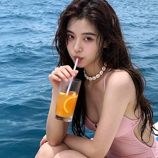 Young Woman by Ocean with Drink