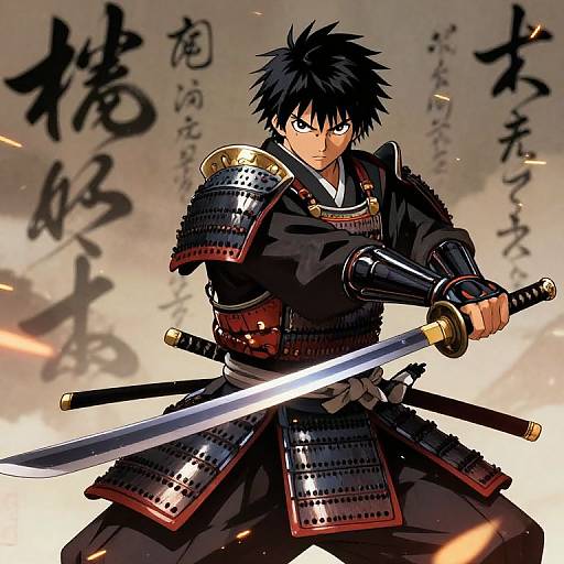 Anime-style digital drawing of a determined samurai with black spiky hair, wielding a katana, wearing black armor with red accents. Japanese calligraphy