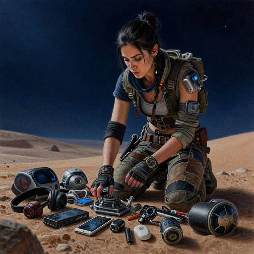 Photorealistic digital art: Dark-haired woman in sci-fi armor kneeling on desert sand, repairing advanced gadgets under a starry night sky.