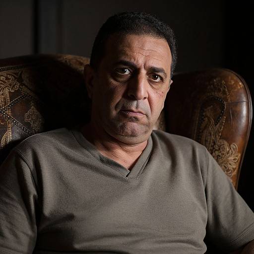 Photograph of a middle-aged man with short black hair, light brown skin, wearing a gray V-neck shirt, sitting in a dark, patterned