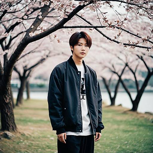 Young Man in Korean Aesthetic Outfit Under Cherry Blossoms