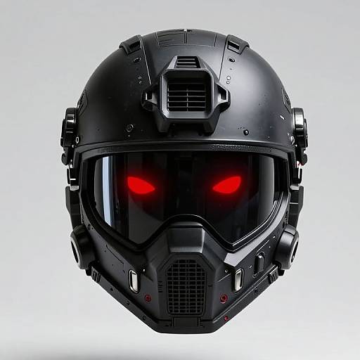 Digital illustration of a futuristic black motorcycle helmet with red glowing eyes, detailed with vents and a central grille.