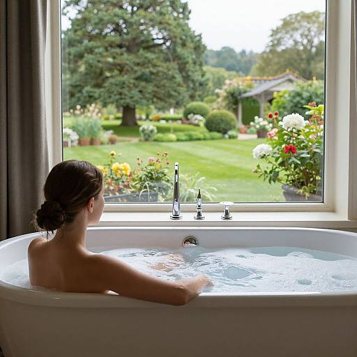 Photograph of a woman with dark hair in a bun, bathing in a white tub, gazing out a window at a lush, green garden.