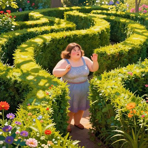 Photograph of a plus-size woman with short brown hair, wearing a blue dress, walking through a sunlit, vibrant garden maze with colorful flowers and
