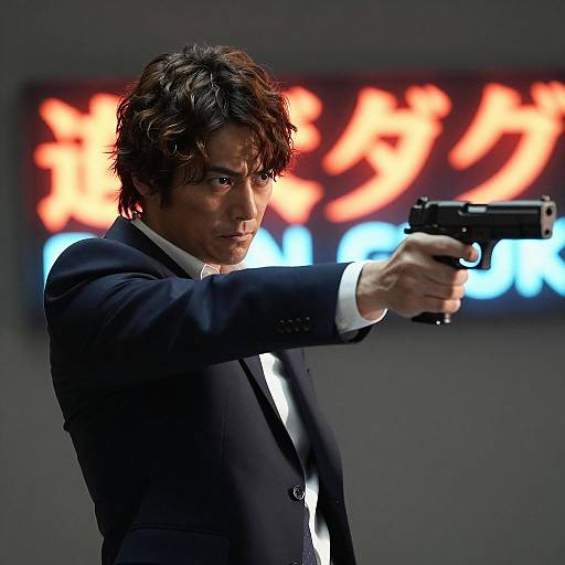 Intense Man Aiming Handgun at Night