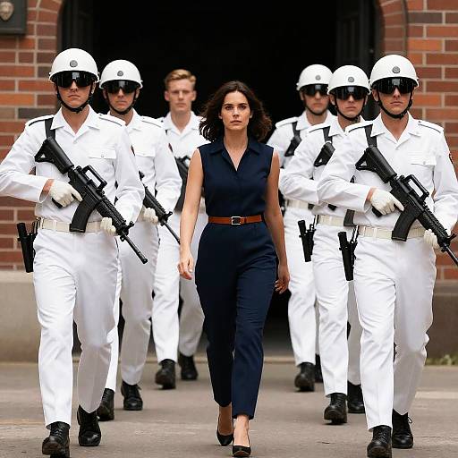 Woman Leading Armed Soldiers Through Archway