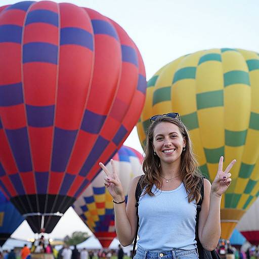 Photograph of smiling young woman with brown hair, wearing white tank top and denim shorts, making double peace signs in front of two colorful hot air balloons
