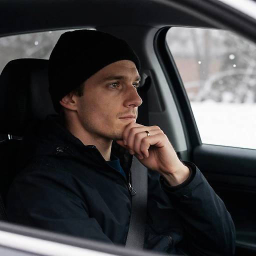 Thoughtful Man in Snowy Car Scene