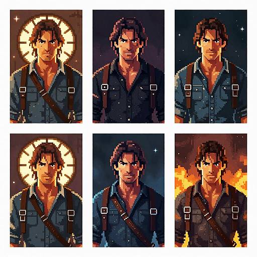 Pixel art collage of six male characters, each with varying expressions and backgrounds, wearing dark shirts with straps, featuring glowing halos and fiery effects.