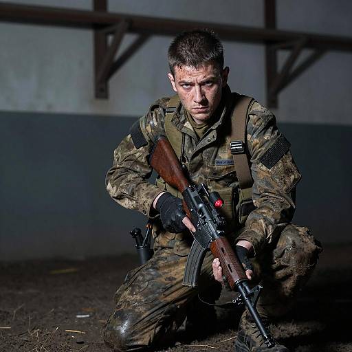 Muddy Soldier in Dimly Lit Setting