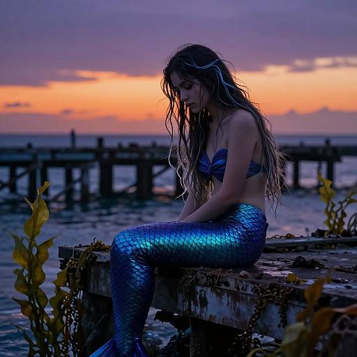 Melancholic Mermaid at Dusk Pier