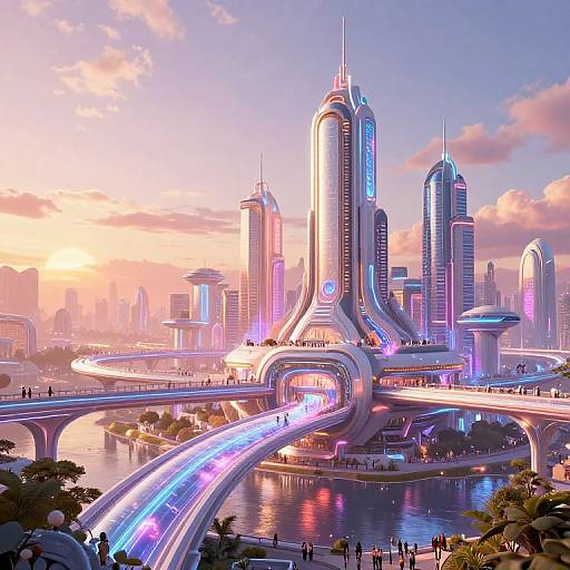 Digital artwork of a futuristic cityscape with neon-lit skyscrapers, elevated highways, and a serene river at sunset. Vibrant colors and sleek