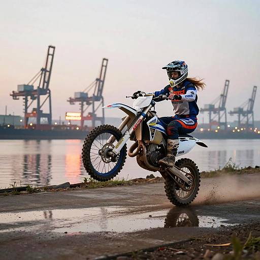 Dusk Waterfront Motocross Rider Wheelie