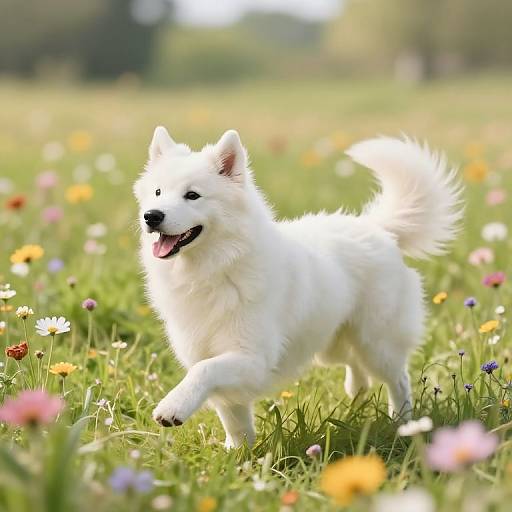 Photograph of a fluffy white Samoyed dog joyfully running through a colorful meadow of wildflowers, sunlight illuminating its fur.