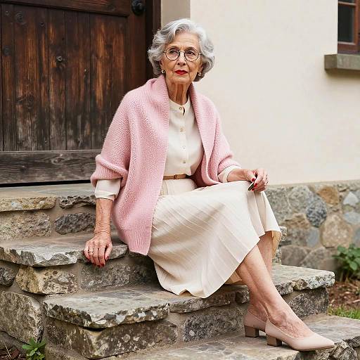 Elderly Woman Posed on Rustic Steps