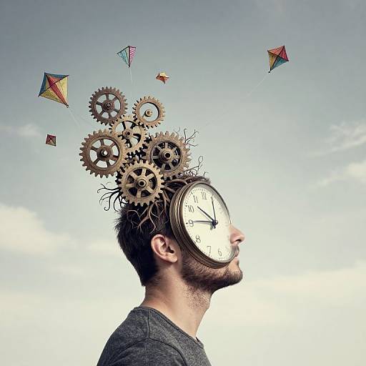 Photograph of a bearded man with clock gears and colorful kites emerging from his head against a clear sky.