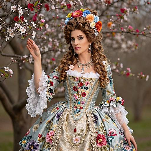 Photorealistic digital artwork of a fair-skinned woman with curly brown hair, wearing a floral crown and elaborately embroidered blue and gold gown, standing