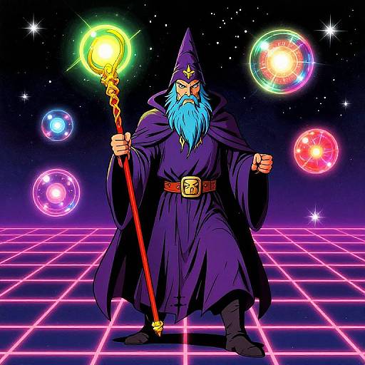 Digital art: Blue-bearded wizard in black robe, pointed hat, holding glowing staff, stands on neon grid, surrounded by colorful floating planets.