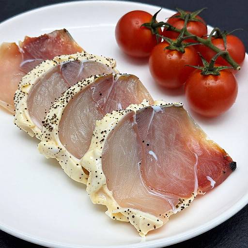Close-Up of Creamy Fish and Cured Meat