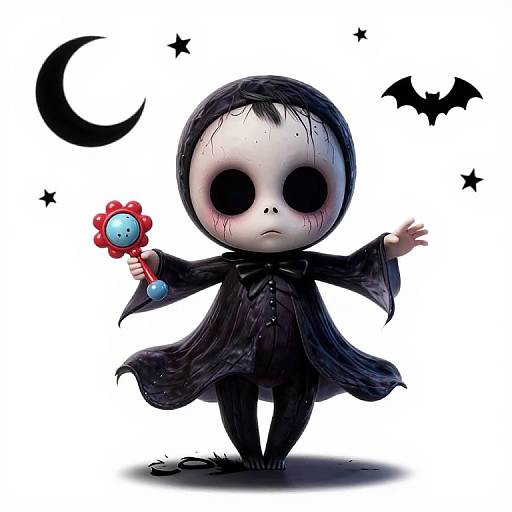 Chibi-style drawing of a spooky, black-cloaked child with a white, blank face, large black eyes, holding a red flower with a
