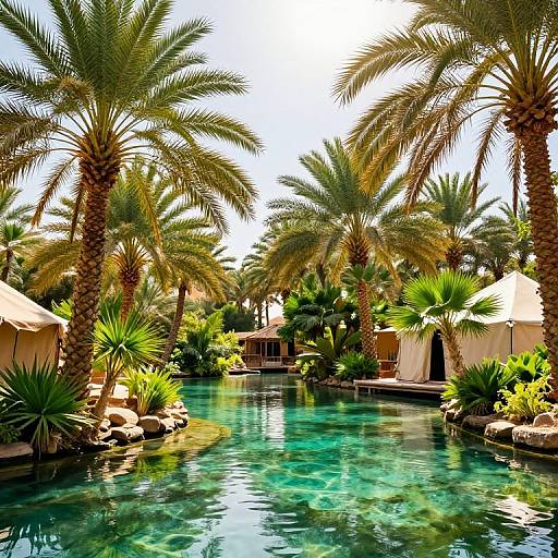 Photograph of a sunlit tropical oasis with turquoise pool, surrounded by tall palm trees, white tents, and lush greenery.