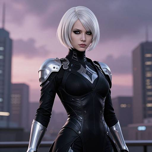 CGI image of a white-haired woman in a black leather bodysuit with silver armor, standing on a rooftop at sunset.