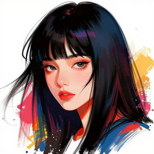 Digital portrait of a young Asian woman with long black hair, red lips, and large eyes, set against a colorful, abstract background.