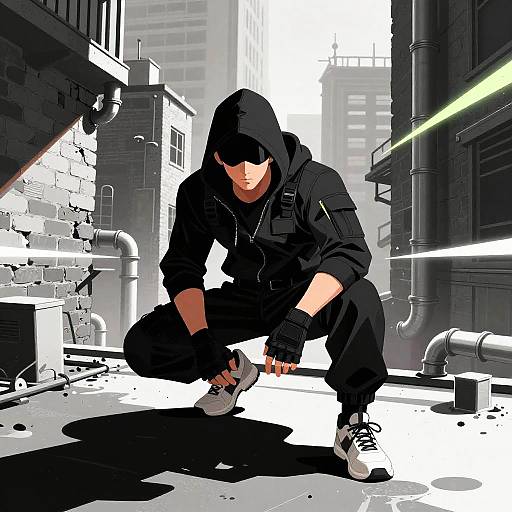 Digital comic-style illustration of a hooded, black-clad man crouching in a gritty, urban alley with exposed pipes and high-rise buildings.