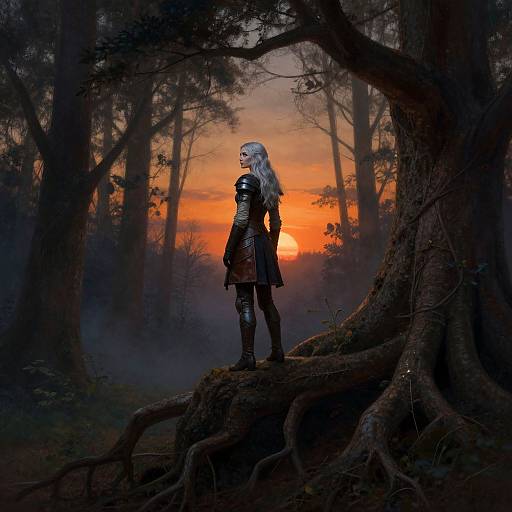 Digital art: Silver-haired female warrior in dark armor stands on tree roots at sunset in a misty, dark forest. Orange sky contrasts with dark trees