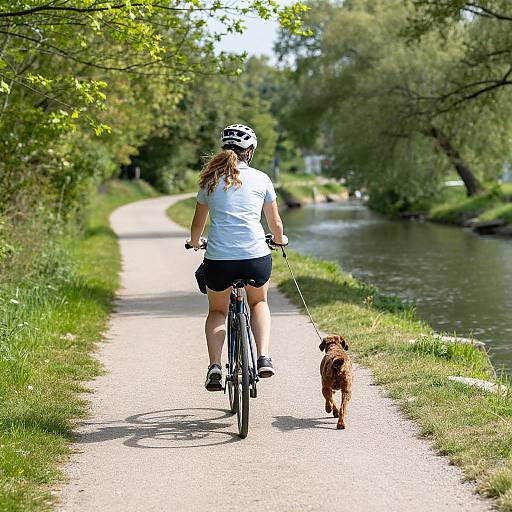 Photograph of a woman in a white shirt and black shorts riding a bike on a gravel path, leading a brown dog. Green trees and a river