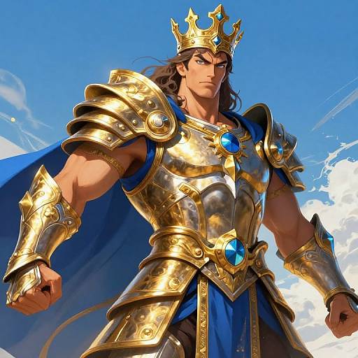 Digital art of a muscular, long-haired man in gold and blue medieval armor with a crown, blue cape, and blue gemstones, standing confidently against