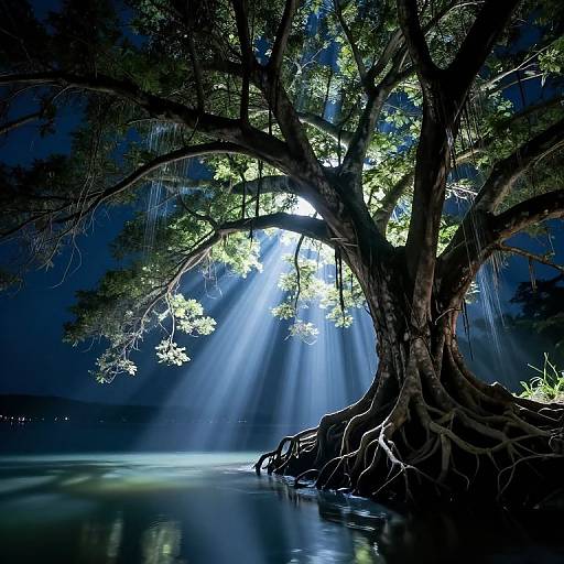 Photograph of a giant tree with sprawling roots in a dark, moonlit forest, illuminated by ethereal blue and white beams of light filtering through its