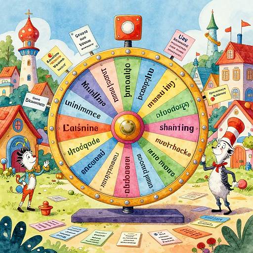 Colorful cartoon of a spinning wheel with personality traits, surrounded by a whimsical village, penguins, and vibrant buildings. Bright, playful style.