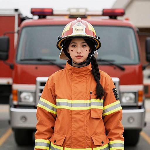 Photograph of a young Asian woman with braided black hair, wearing a red firefighter helmet and orange fire-resistant jacket, standing in front of a red