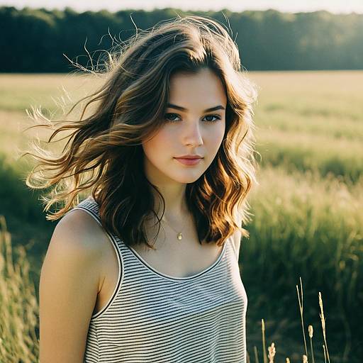 Young Woman with Loose Waves in Field