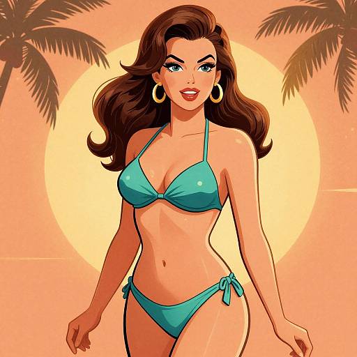 Digital illustration of a smiling, curvy woman with long brown hair, wearing a turquoise bikini, large hoop earrings, and palm trees in the background.