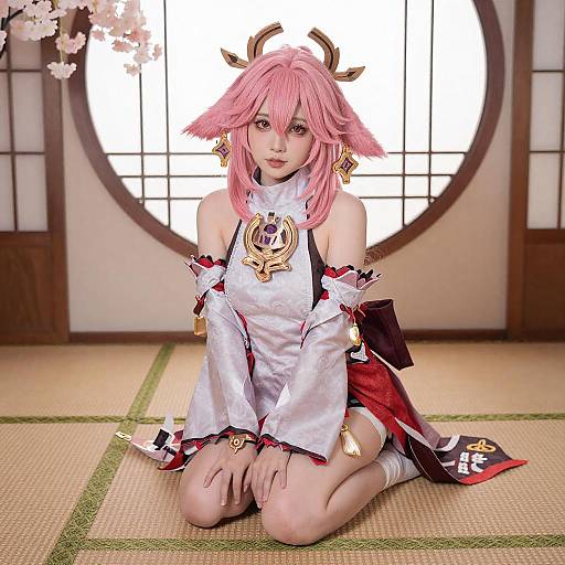 Pink-Haired Anime Cosplayer in Japanese Room