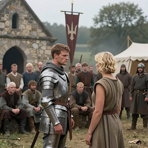 Medieval Knight and Woman Facing Each Other