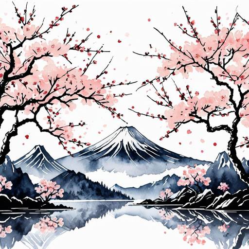Japanese Ink Wash with Cherry Blossoms Japanese Ink Wash with Cherry Blossoms